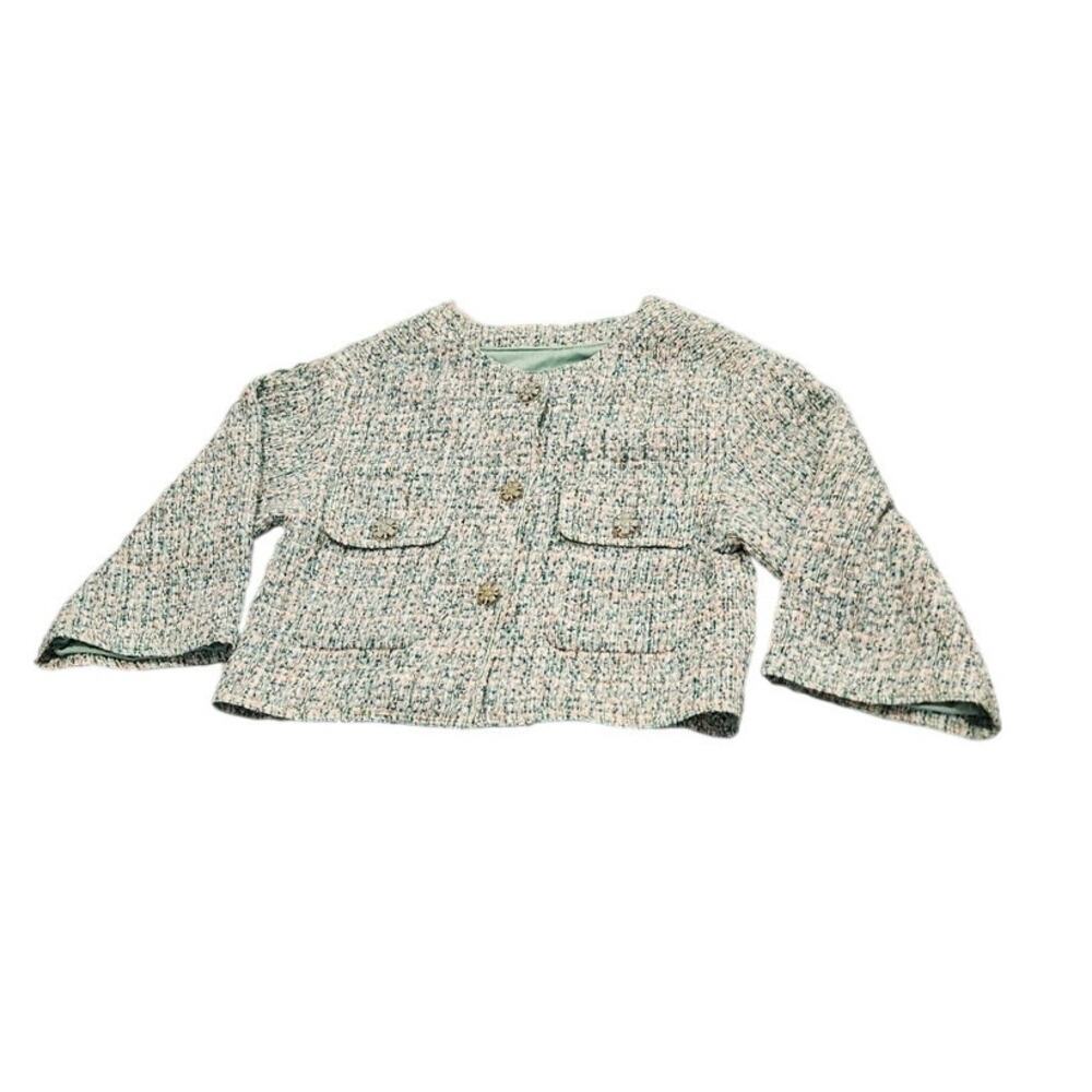 French Size 36 Tweed Jacket Green Button Front Silk Lined Cropped Blazer Small